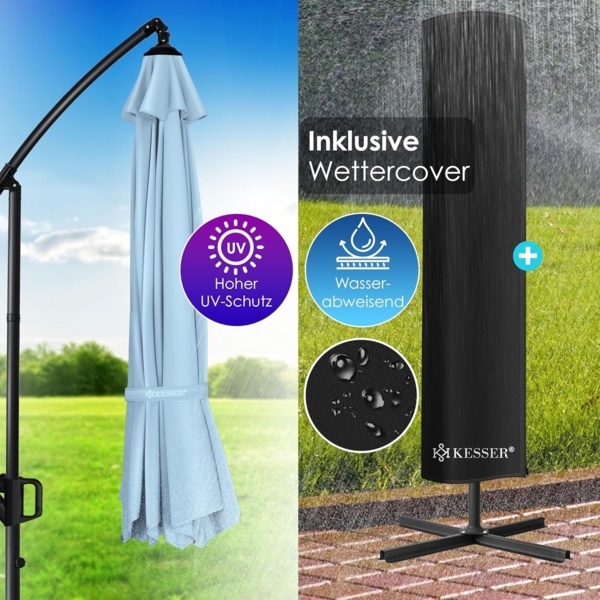KESSER® Ampelschirm Holly Sonnenschirm Rechteckig ohne LED Solar inkl. Abdeckung + Windsicherung mit Kurbel | Kurbel-Schirm mit Ständer UV-Schutz Aluminium Wasserabweisend Ø350cm Gartenschirm Hellblau Bild 5