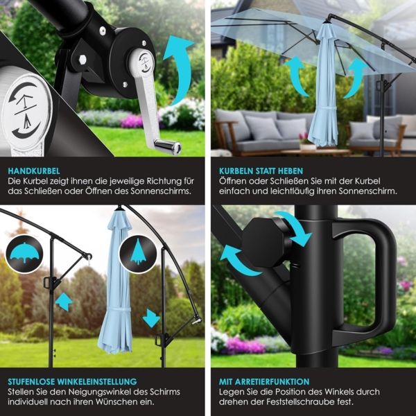 KESSER® Ampelschirm Holly Sonnenschirm Rechteckig ohne LED Solar inkl. Abdeckung + Windsicherung mit Kurbel | Kurbel-Schirm mit Ständer UV-Schutz Aluminium Wasserabweisend Ø350cm Gartenschirm Hellblau Bild 4