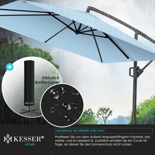 KESSER® Ampelschirm Holly Sonnenschirm Rechteckig ohne LED Solar inkl. Abdeckung + Windsicherung mit Kurbel | Kurbel-Schirm mit Ständer UV-Schutz Aluminium Wasserabweisend Ø350cm Gartenschirm Hellblau Bild 8