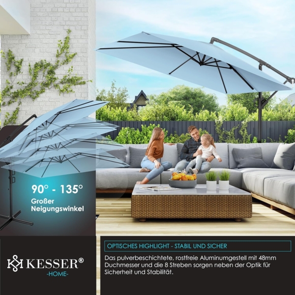 KESSER® Ampelschirm Holly Sonnenschirm Rechteckig ohne LED Solar inkl. Abdeckung + Windsicherung mit Kurbel | Kurbel-Schirm mit Ständer UV-Schutz Aluminium Wasserabweisend Ø350cm Gartenschirm Hellblau Bild 3
