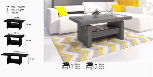 designimpex Couchtisch Aversa H-111 Grau / Anthrazit Hochglanz höhenverstellbar ausziehbar, Funktionstisch, Wohnzimmertisch, Tisch, Esstisch, Sofatisch, Schublade Bild 6