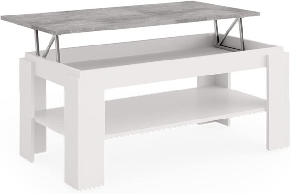 Vicco Couchtisch Sofatisch Esstisch Nikola Weiß Beton 100x54 cm modern Wohnzimmer Tisch Ablage Fach Kaffeetisch Arbeitstisch Beistelltisch Stubentisch Lift-Funktion Tischplatte ausklappbar Ablagefach