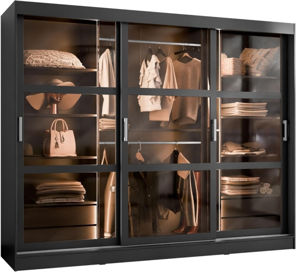 Kleiderschrank Norilo 250 (Farbe: Schwarz, mit warmweißer LED Beleuchtung)