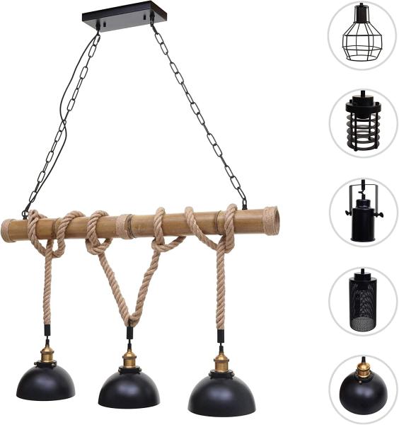 Pendelleuchte HWC-H82, Hängelampe Hängeleuchte, Industrial Vintage Bambus Seil Metall schwarz ~ 3x Kuppellampenschirm Bild 7