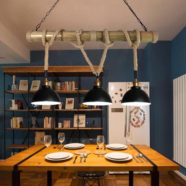 Pendelleuchte HWC-H82, Hängelampe Hängeleuchte, Industrial Vintage Bambus Seil Metall schwarz ~ 3x Kuppellampenschirm Bild 8