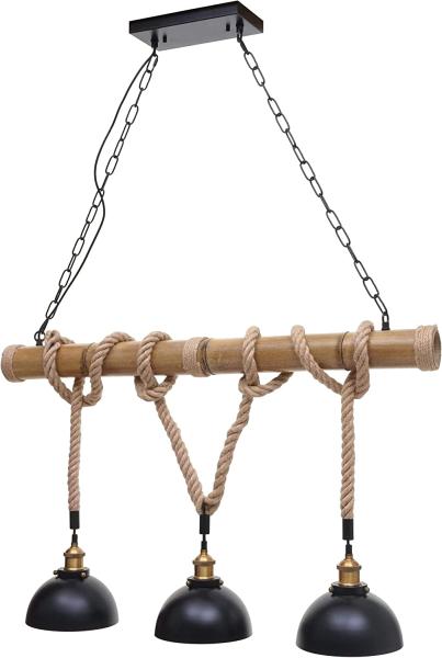 Pendelleuchte HWC-H82, Hängelampe Hängeleuchte, Industrial Vintage Bambus Seil Metall schwarz ~ 3x Kuppellampenschirm Bild 1