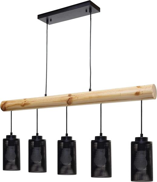 Pendelleuchte HWC-H83, Hängelampe Hängeleuchte, Industrial Vintage Massiv-Holz Metall schwarz ~ 5 Rohrlampenschirme