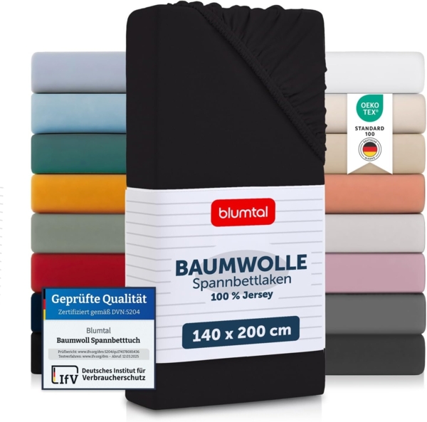 Blumtal® Basics Spannbettlaken 140x200 cm Jersey - Spannbettlaken 140x200 cm Baumwolle - Oeko-TEX zertifiziertes Spannbetttuch atmungsaktiv - Matratzenbezug festsitzend aus sanfter Baumwolle - Schwarz