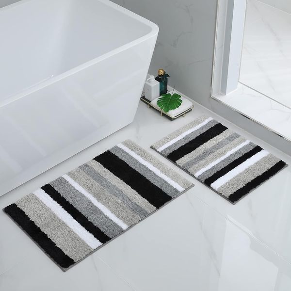 Homaxy rutschfest Badematten Set 2 teilig Mikrofaser Saugfähige Badteppich Set Weich Hochflor Badvorleger Set –40x60 cm + 50x80 cm, Schwarz/Grau