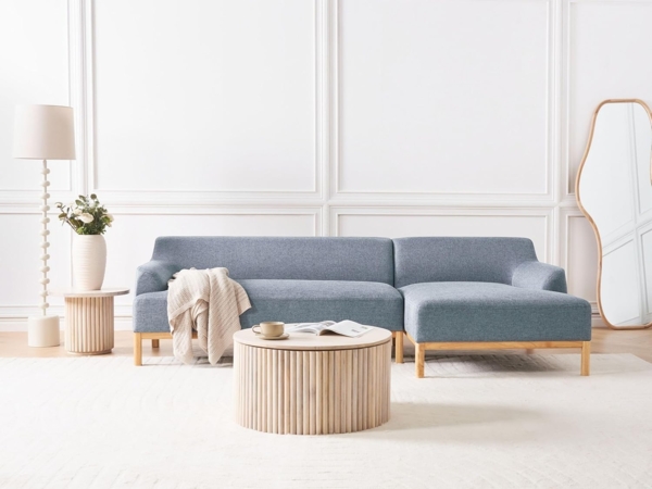 beliani 'SOSJO' Ecksofa, Stoff blau, Rechtsseitig, 251 x 132 x 74 cm