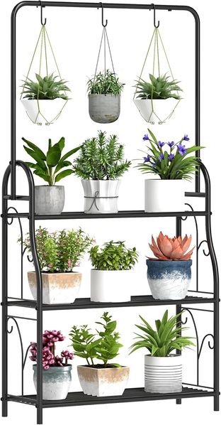 Outsunny Pflanzentreppe mit Hängestange, Haken, für Innen, aus Metall, mehrstöckig (3-Etagen Pflanzenständer, 1 St, Blumenständer), 137cm hoch, für Wohnzimmer, Garten Balkon, Schwarz
