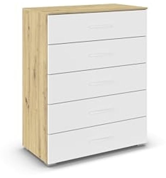 rauch Aditio Box, Kommode, 5 Schubladen, mit Softclose-Funktion, Farbe Weiß/Eiche Artisan, BxHxT 80x100x43cm