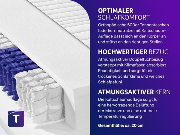Traumnacht Premium 7-Zonen 500er Tonnentaschenfederkernmatratze, Härtegrad 3 (H3), 90x200 cm, Öko-Tex Zertifiziert, produziert nach deutschem Qualitätsstandard Bild 4