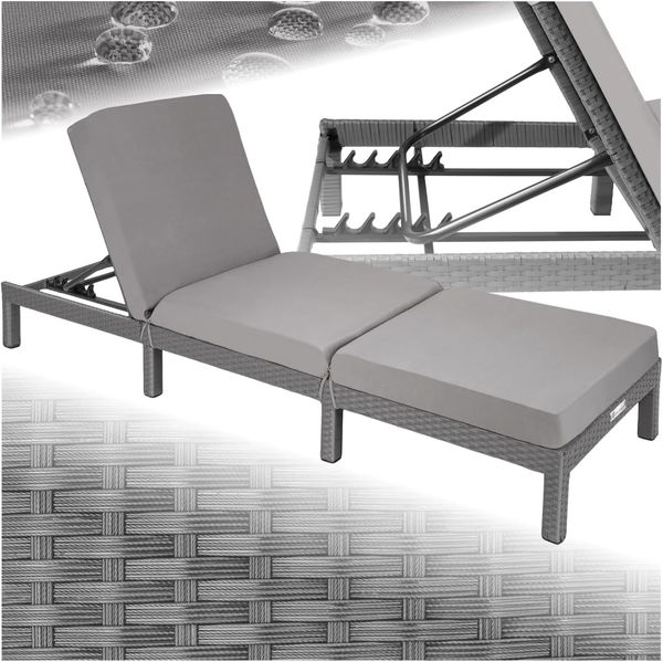 tectake® Polyrattan Sonnenliege mit 6-Fach höhenverstellbarer Rückenlehne, Outdoor Daybed mit bequemer Polsterauflage, Gartenliege Rattan für drinnen und draußen, pflegeleicht und stabil - grau