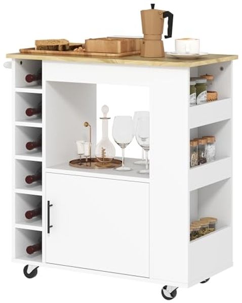 HOMCOM Küchenwagen Küchenwagen mit Schrank, Arbeitsplatte, Ablagen, Weinregalen, (Rollwagen mit Soft-Close-Scharnieren, 1 St, Kücheninsel), für Büro, 83x40x83cm, Eiche