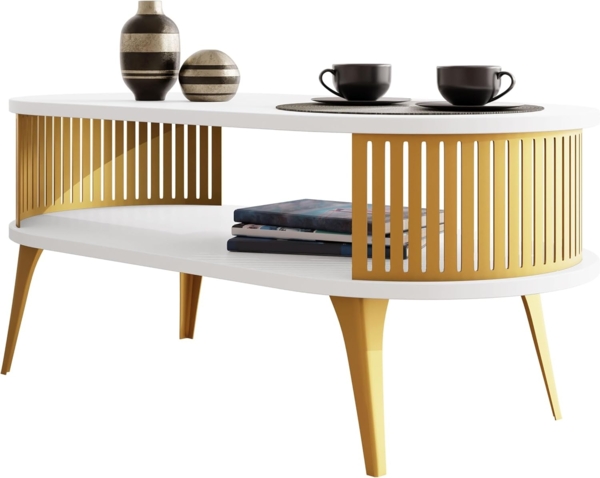 Couchtisch Rajkon Oval Gold (Farbe: Gold / Arktisches Weiß)