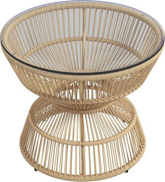 Outsunny Beistelltisch Rattan, Ø60 cm Couchtisch Gartentisch mit Tischplatte aus Hartglas, Balkontisch im Boho-Design, Kaffeetisch für Garten, Balkon, Naturholz