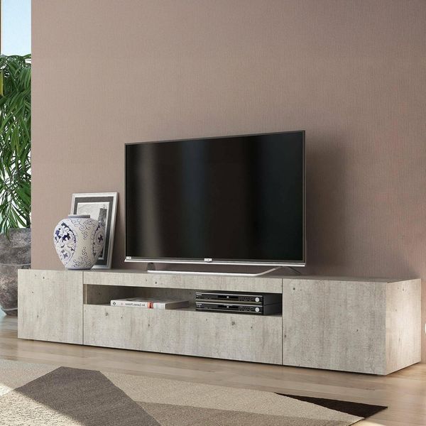 Dmora - TV-Schrank Jesse, niedriges Wohnzimmer-Sideboard mit 3 Türen, Fernsehständer-Basis, 100 % Made in Italy, 200 x 40 x 37 cm, Zement,