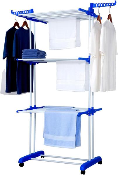 TP Wäscheständer 3 Ebenen klappbar, mobil ca. 18 Meter Wäscheleine, mit Seitenflügel Blau