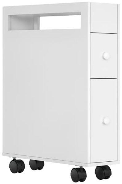 kleankin Badezimmerschrank mit Rollen, Nischenschrank mit 2 Schubladen, Badschrank mit offenem Fach, Badrollwagen, für Bad, 16 x 49,5 x 66 cm, Weiß