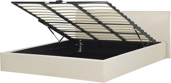 Polsterbett Leinenoptik beige mit Bettkasten hochklappbar 180x200 cm ORBEY