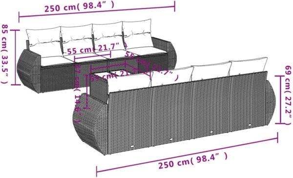 vidaXL 9-tlg. Garten-Sofagarnitur mit Kissen Grau Poly Rattan 3253487 Bild 3