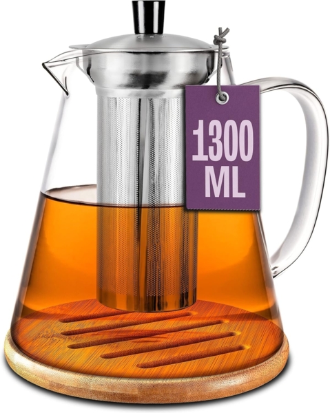 Cosumy Teekanne Teekanne Glas mit Edelstahl Siebeinsatz 1,3 L - Mit Untersetzer, 1300 l, (Set, Teekanne mit Siebeinsatz und Untersetzer), mit Siebeinsatz inkl. Untersetzer - Spülmaschinenfest - Hitzebeständig