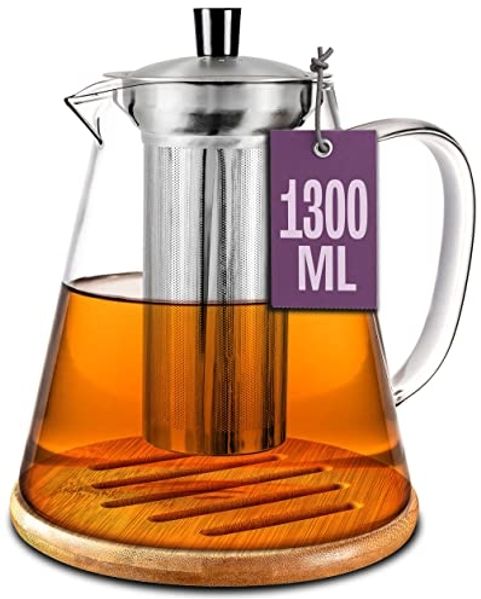 Cosumy Teekanne Teekanne Glas mit Edelstahl Siebeinsatz 1,3 L - Mit Untersetzer, 1300 l, (Set, Teekanne mit Siebeinsatz und Untersetzer), mit Siebeinsatz inkl. Untersetzer - Spülmaschinenfest - Hitzebeständig