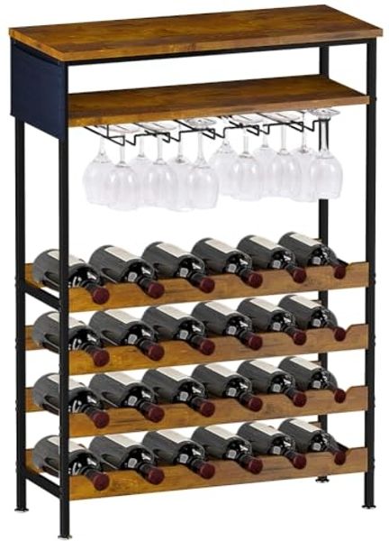Shally Dogan Weinregal mit 24 Fächern für Weinflaschen, 10 Teelichthalter und 1 Ablage, Industrial Weinregal für Bar mit Stahlrahmen und Ablagen aus Holz, 66 x 30 x 100 cm
