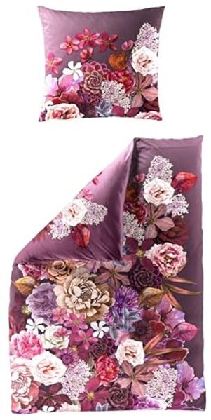 JACK Wendebettwäsche 135x200cm Digitaldruck Blumen Blüten Lila, Mako-Satin, 2 teilig, seidiger Glanz, elegantes Motiv in Violett