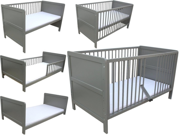 Micoland Kinderbett Kinderbett Juniorbett Beistellbett 140x70 cm 3in1 mit Matratze grau (Bett mit Lattenrost, hohe und niedrige Gitter und Matratze)
