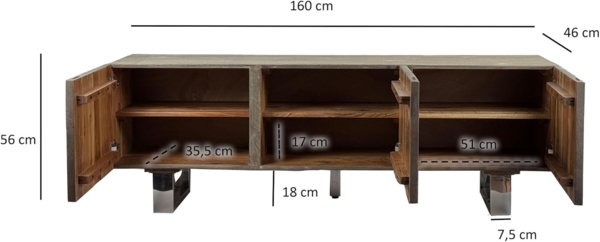 Lowboard Akazie Massivholz 160cm TV-Kommode 3 Türen Smoked Grey Metallbeine Modern Bild 4