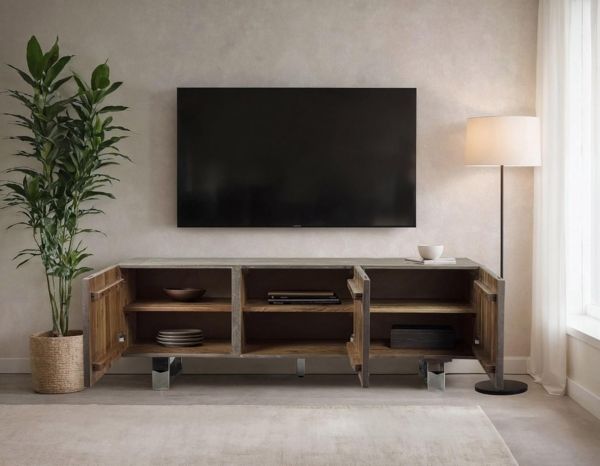 Lowboard Akazie Massivholz 160cm TV-Kommode 3 Türen Smoked Grey Metallbeine Modern Bild 5