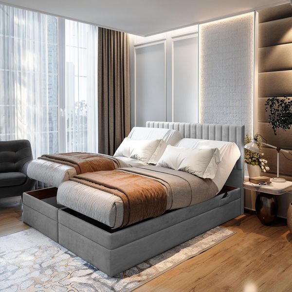 TRADA Boxspringbett ADELE mit Taschenmatratze & Topper 140x200 cm (Set, Bett (zwei Bettkasten) + Matratz + Topper), Elektrische Zahnstangenverstellung per Fernbedienung