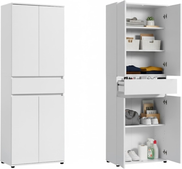 Home Collective Mehrzweckschrank Schrank 60 cm breit mit 4 Türen & Schublade mit 3 Einlegeböden 64x34x180 cm (BxTxH) Weiß