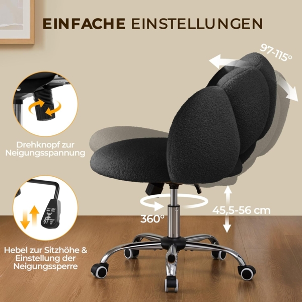 Yaheetech Schreibtischstuhl Bürostuhl Ergonomisch Bürosessel in Wolkenform Schminktischstuhl bis 136 kg Belastbar Computerstuhl Höhenverstellbar für Schlafzimmer Büro Wohnzimmer Schwarz Bild 8