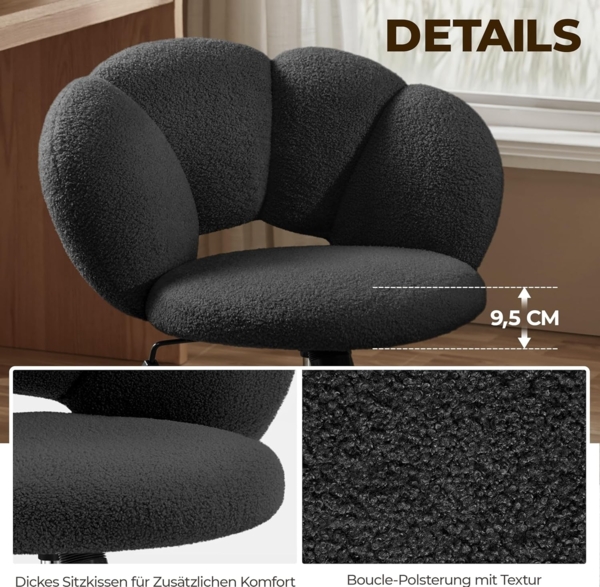 Yaheetech Schreibtischstuhl Bürostuhl Ergonomisch Bürosessel in Wolkenform Schminktischstuhl bis 136 kg Belastbar Computerstuhl Höhenverstellbar für Schlafzimmer Büro Wohnzimmer Schwarz Bild 6