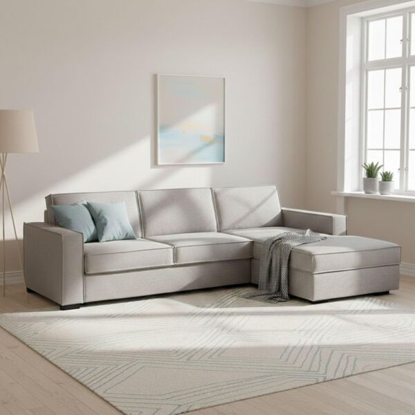 Talamo Italia Ecksofa Beatrice, Made in Italy, Drehbare Öffnung mit Matratze und Netz inklusive, Rechte Halbinsel mit Stauraum, mit schmalen Armlehnen, Cm: 260x95h90, Farbe Grau