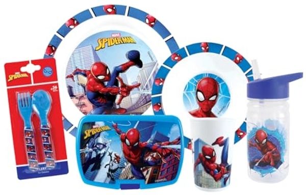 FUN HOUSE | Komplettes Set Lunchbox Spiderman für Kinder | 1 Glas + 2 Teller + Besteck + Trinkflasche und Brotdose | offizielles Lizenzprodukt | wiederverwendbar und mikrowellengeeignet | französische