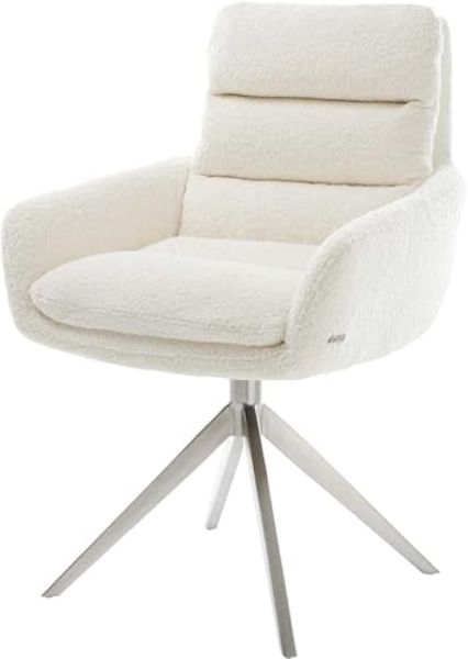 Drehstuhl Abelia-Flex mit Armlehnen Bouclé Weiß Kreuzgestell breit Edelstahl 360° drehbar Wippfunktion