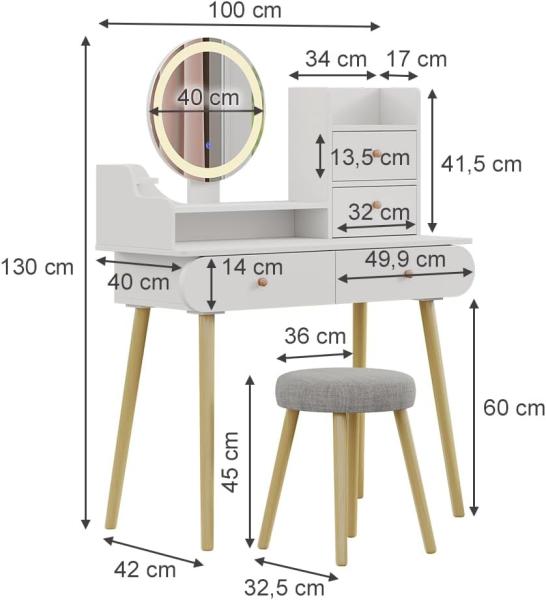 Schminktisch Edda Weiß 100 cm mit LED-Spiegel und Hocker Vicco Bild 3