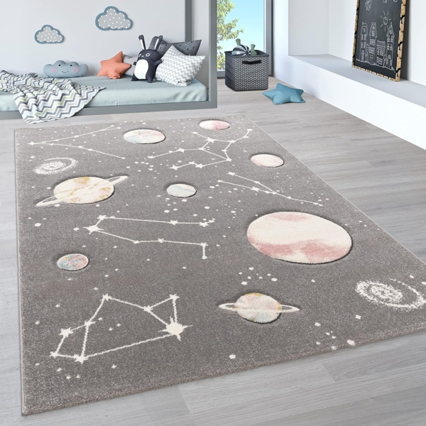Paco Home Kinder-Teppich, Spiel-Teppich Für Kinderzimmer Mit Planeten Und Sternen, In Grau, Grösse:140x200 cm