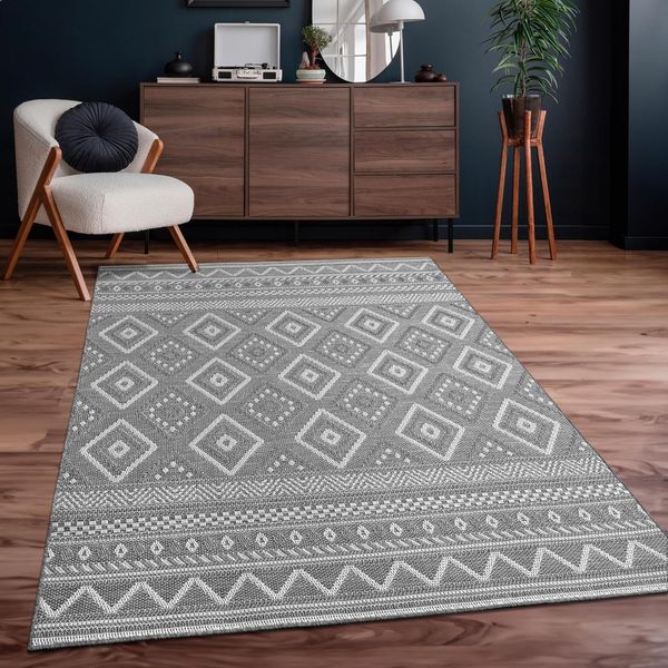 Paco Home In-& Outdoor Teppich Balkon Terrasse Küchenteppich Modernes Boho Ethno Muster, Grösse:150 cm Quadrat, Farbe:Grau 2