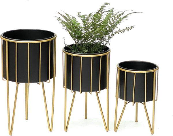 DanDiBo Blumenhocker mit Topf Metall Gold Schwarz Rund 3er Set Blumenständer 96039 Blumensäule Modern Pflanzenständer Pflanzenhocker