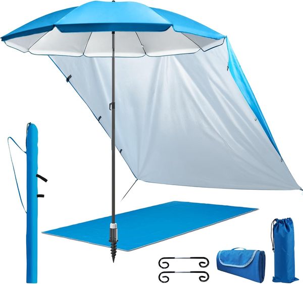4smile Sonnenschirm 5er-Set Blau, Ø 180 cm, Vielseitiger Sonnenschirm Strand, windfester Strandschirm, Schirmständer Erdspieß, Sonnensegel Strand, Faltbare Stranddecke, Sonnenschirm Schutzhülle