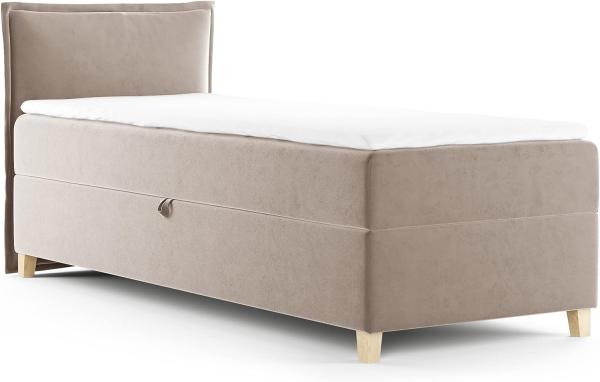 Boxspringbett Fren Mini mit Bettkasten - Einzelbett mit Bonell-Matratze und Topper, Polsterbett mit Holzfüße, Bett, Kinderzimmer (Beige (Paros 02), 80x200 cm)