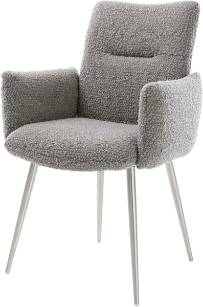 Esszimmerstuhl Jova-Flex mit Armlehnen Bouclé Silbergrau 4-Fuß konisch Edelstahl Taschenfederkern