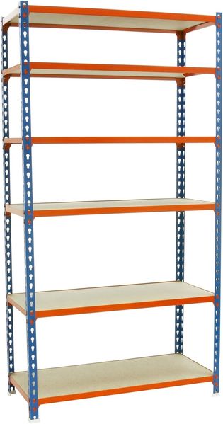 Simonrack Schwerlastregal, Lagerregal, 250 x 120 x 30 cm, Metallregal, Kellerregal, Biegestelle 200 kg, 6 Holzfachböden, Blau/Orange/Holz - Maderclick
