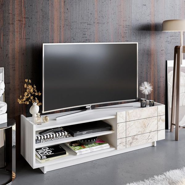 Hanah Home Modern White TV Stand, 140 cm, 100% Melamine Coated Particle Board, 18 mm Thick, Wall-Mountable, Multiple Shelves, Elegant Marble Design