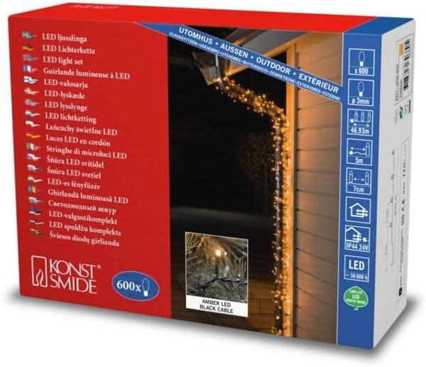 LED Lichterkette - 600 bernsteinfarbene LED - L: 41,93m - schwarzes Kabel - Trafo - für außen